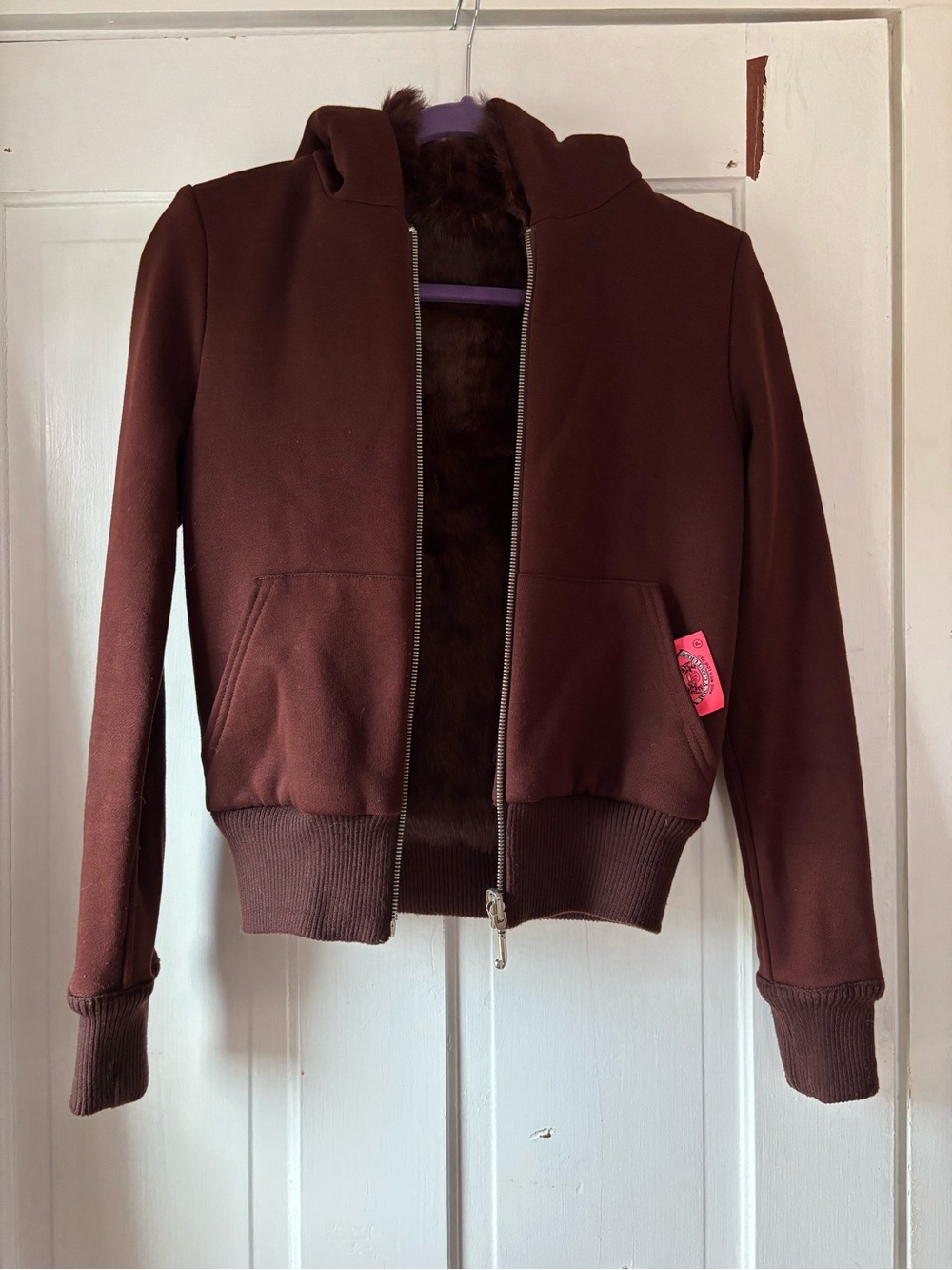 Juicy Couture Y2K Chocolate Brown Rabbit Fur Zip Up Sweatshirt Jacket